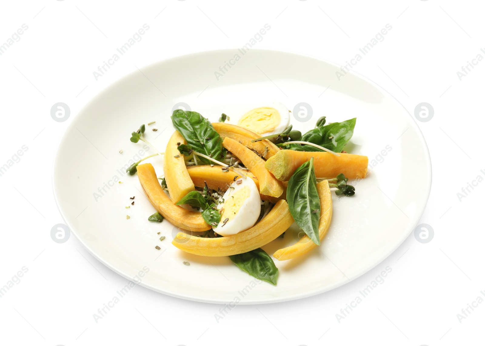 Photo of Delicious fresh carrot salad with basil and egg isolated on white