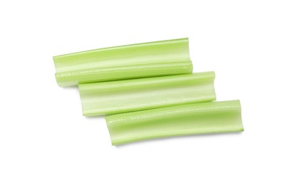 Fresh green cut celery isolated on white, top view