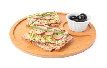 Photo of Fresh crunchy crispbreads with cream cheese, radish, olives and green onion on white background