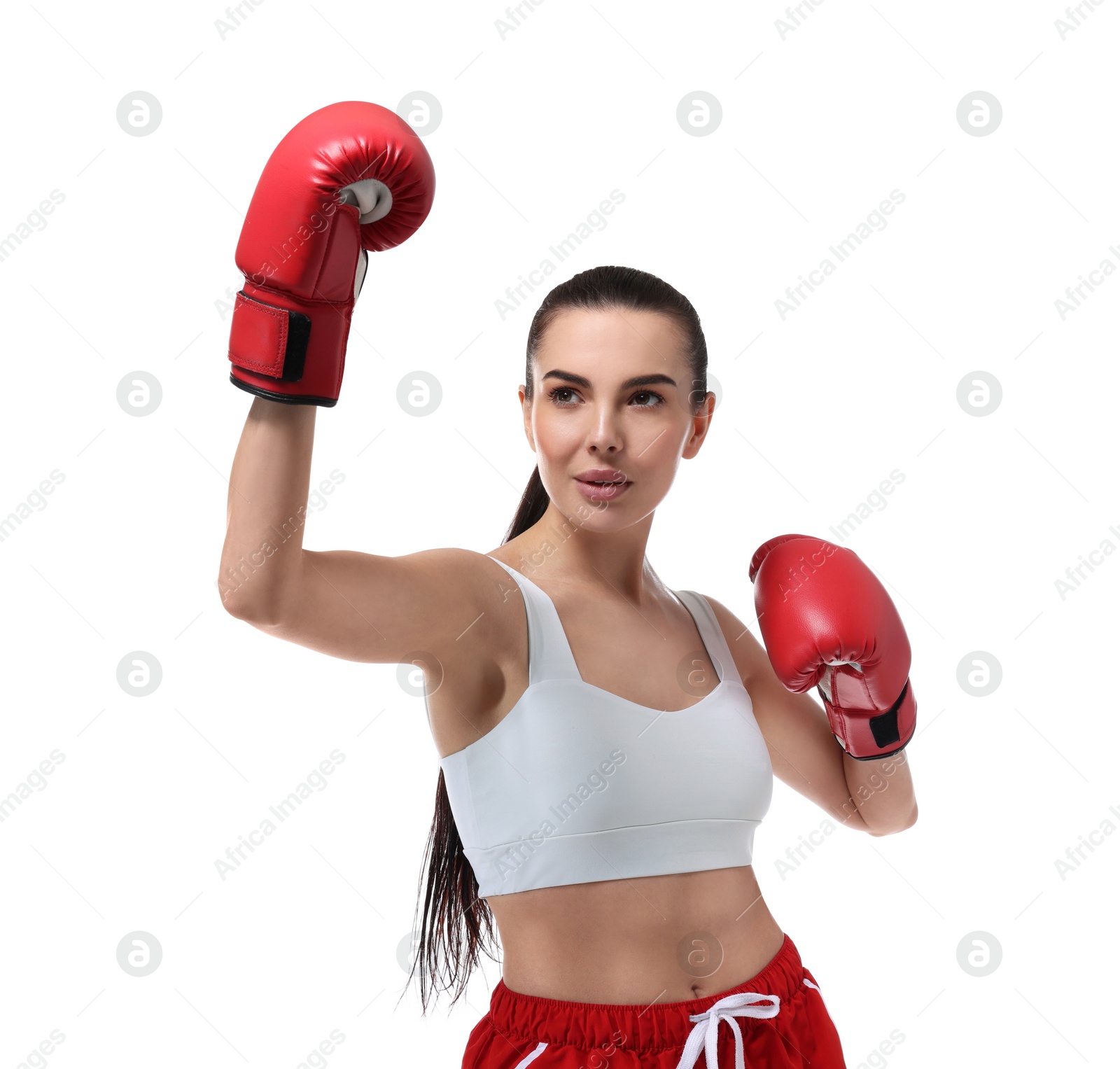 Photo of Beautiful woman in boxing gloves training on white background