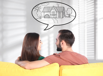 Couple dreaming about new house. Illustration in speech balloon