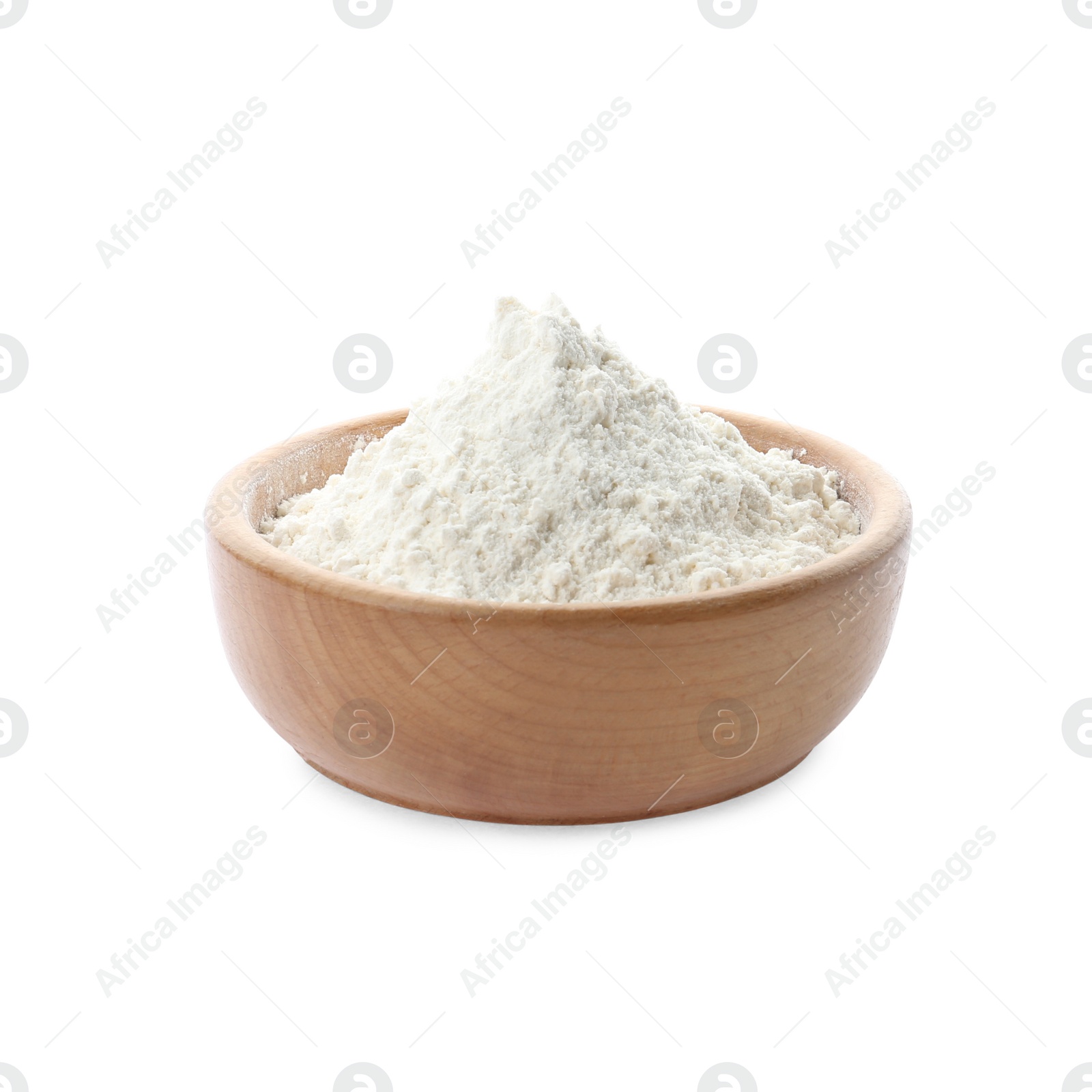 Photo of Organic flour in bowl isolated on white