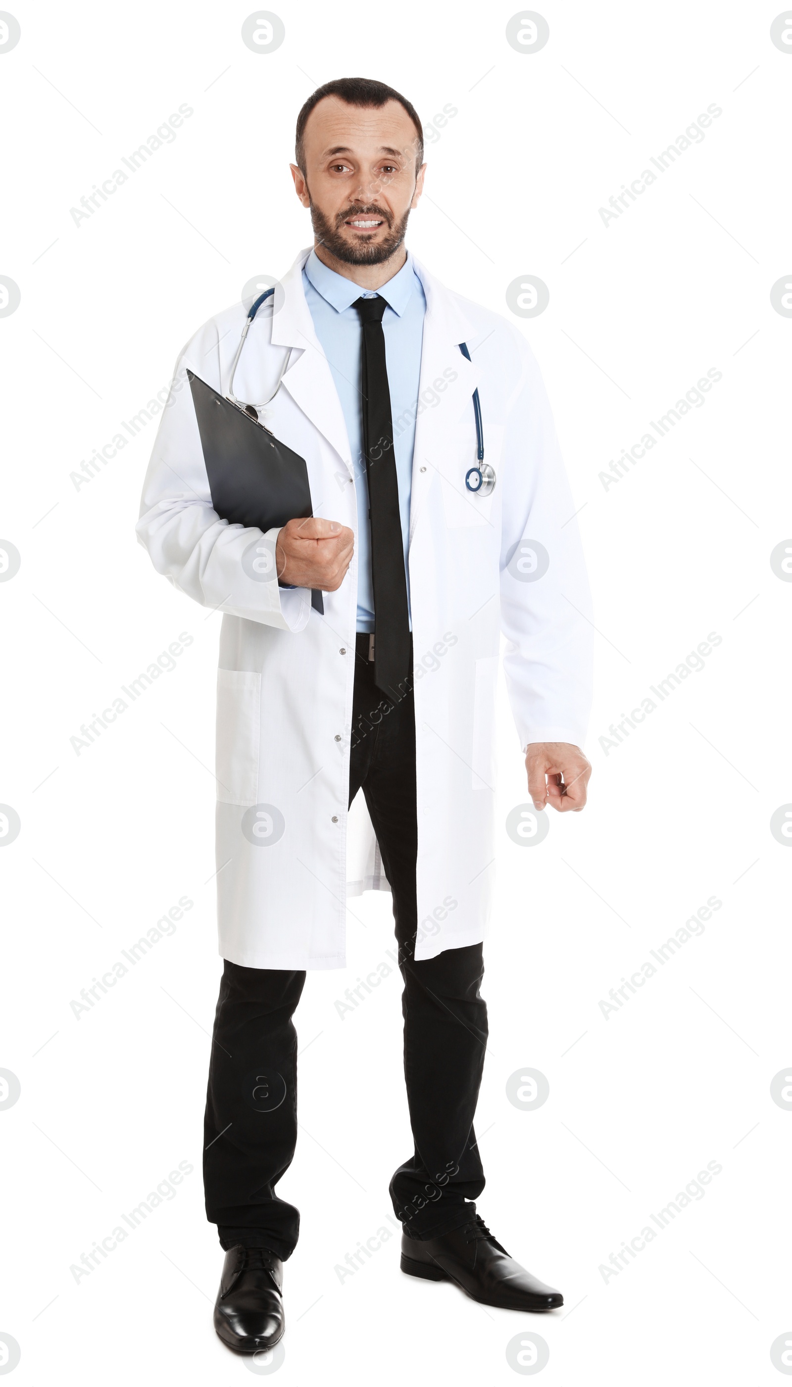 Photo of Full length portrait of male doctor with clipboard isolated on white. Medical staff