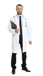 Full length portrait of male doctor with clipboard isolated on white. Medical staff