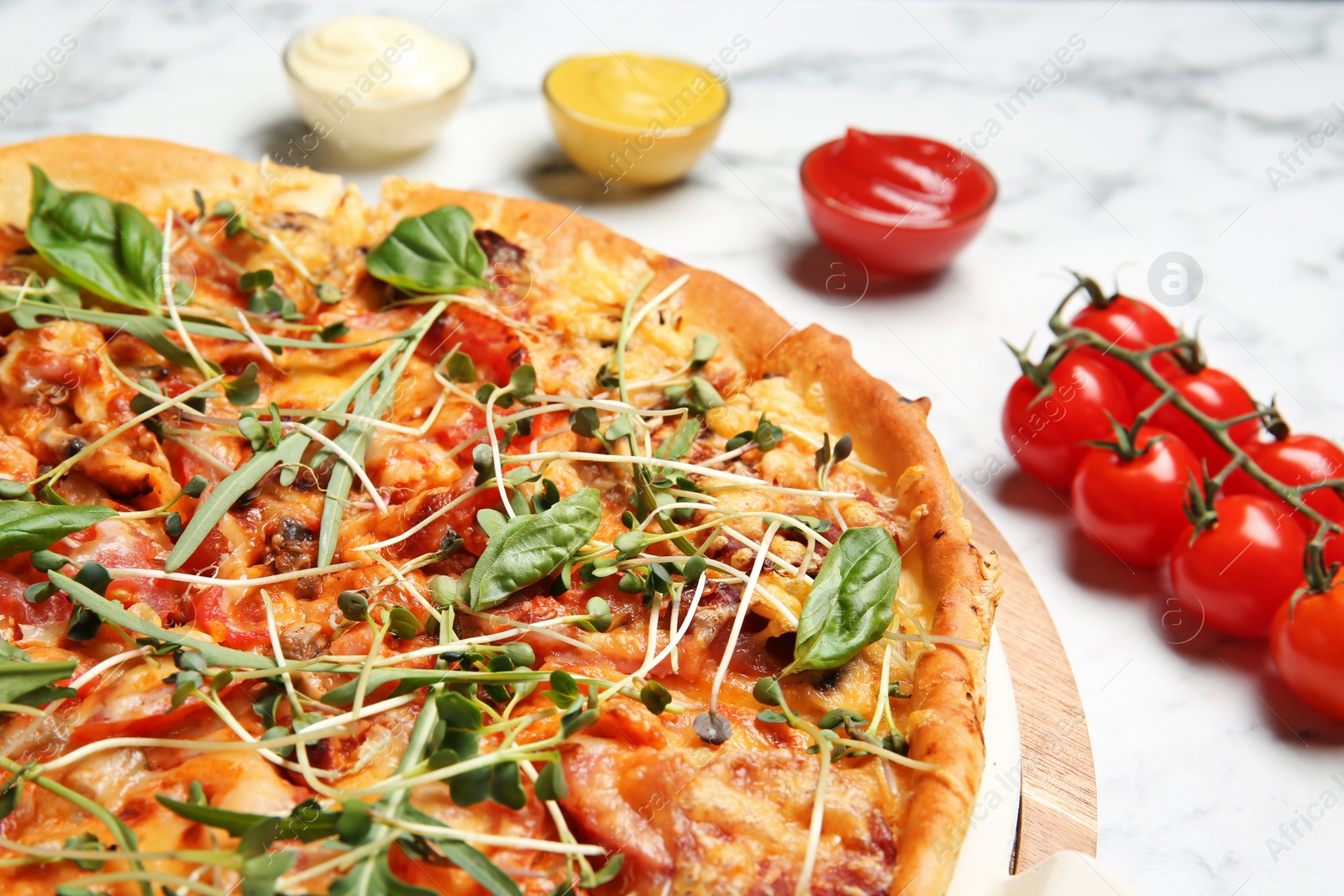 Photo of Tasty fresh homemade pizza on table, closeup