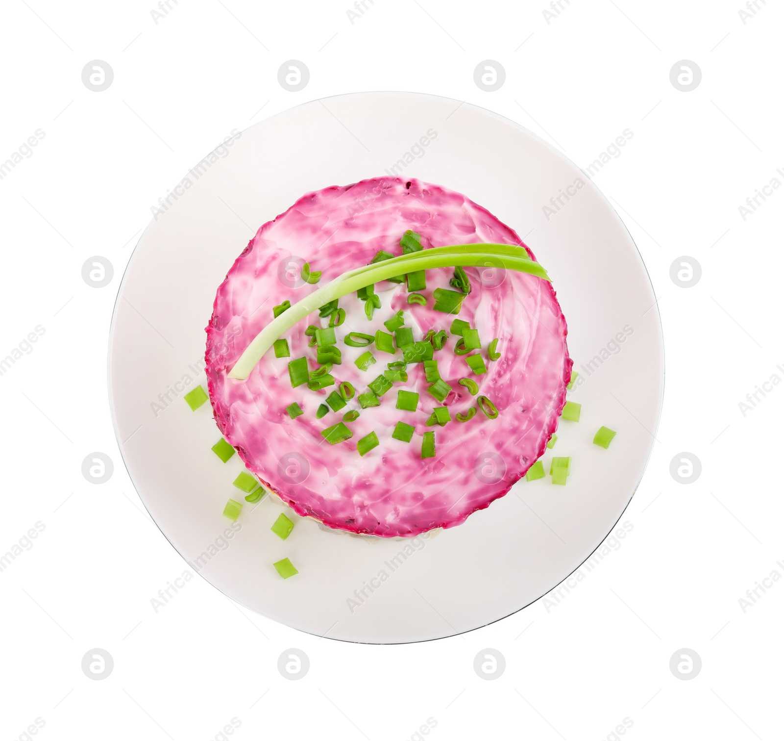 Photo of Herring under fur coat salad isolated on white, top view. Traditional Russian dish