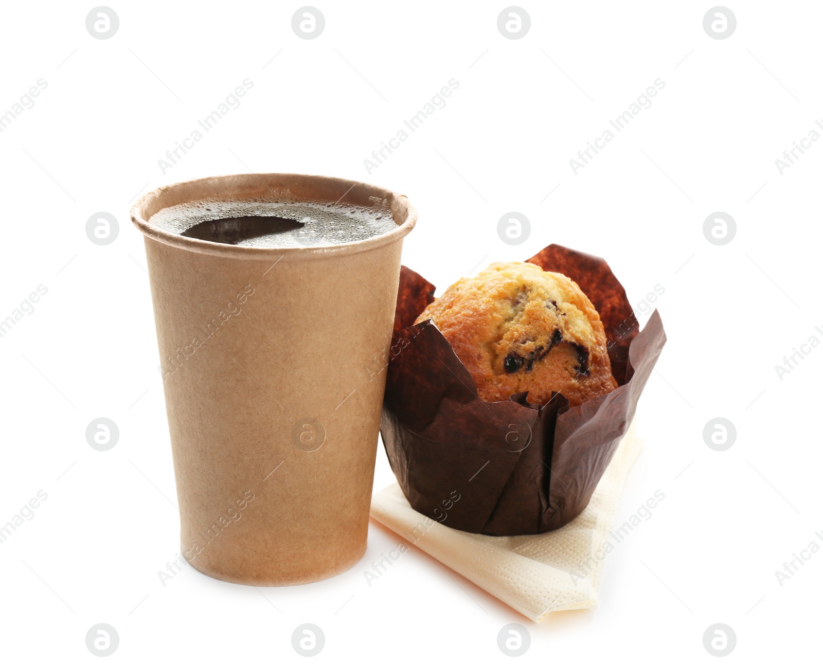 Photo of Cardboard cup of coffee and muffin on white background. Space for design