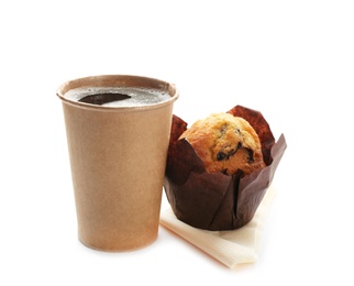 Photo of Cardboard cup of coffee and muffin on white background. Space for design