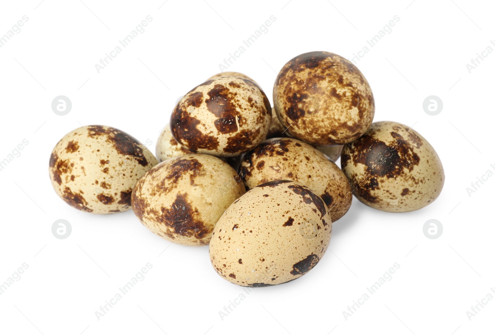 Photo of Many speckled quail eggs on white background