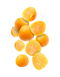 Image of Ripe orange physalis fruits falling on white background