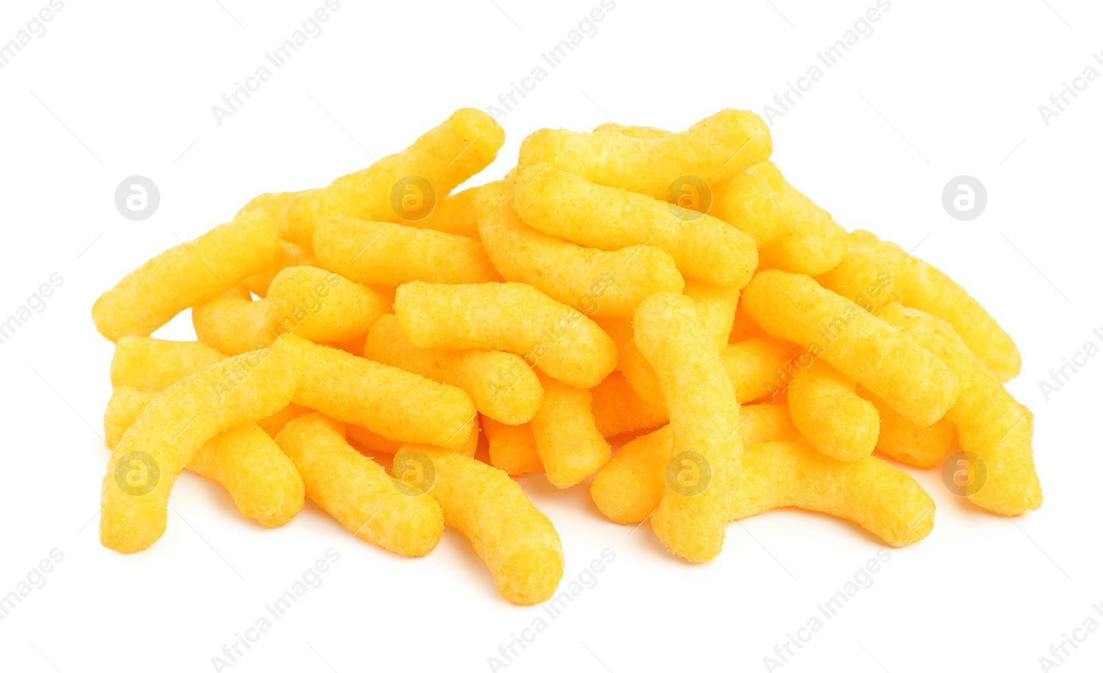 Photo of Many tasty cheesy corn puffs isolated on white