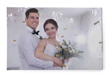 Photo printed on canvas, white background. Happy newlywed couple together in festive hall