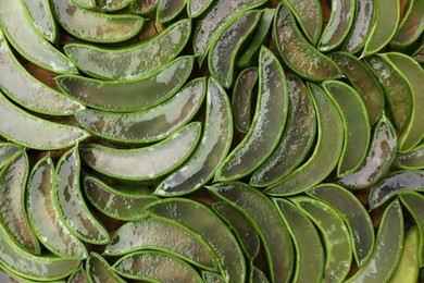 Photo of Sliced fresh aloe vera as background, top view