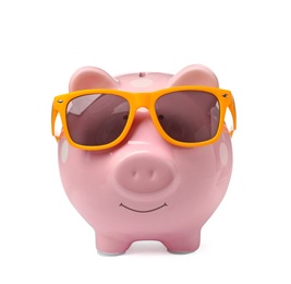 Photo of Piggy bank with sunglasses isolated on white