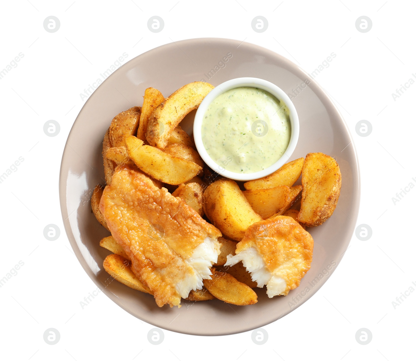 Photo of Plate with British Traditional Fish and potato chips on white background, top view