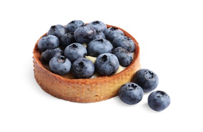 Photo of Tartlet with fresh blueberries isolated on white. Delicious dessert