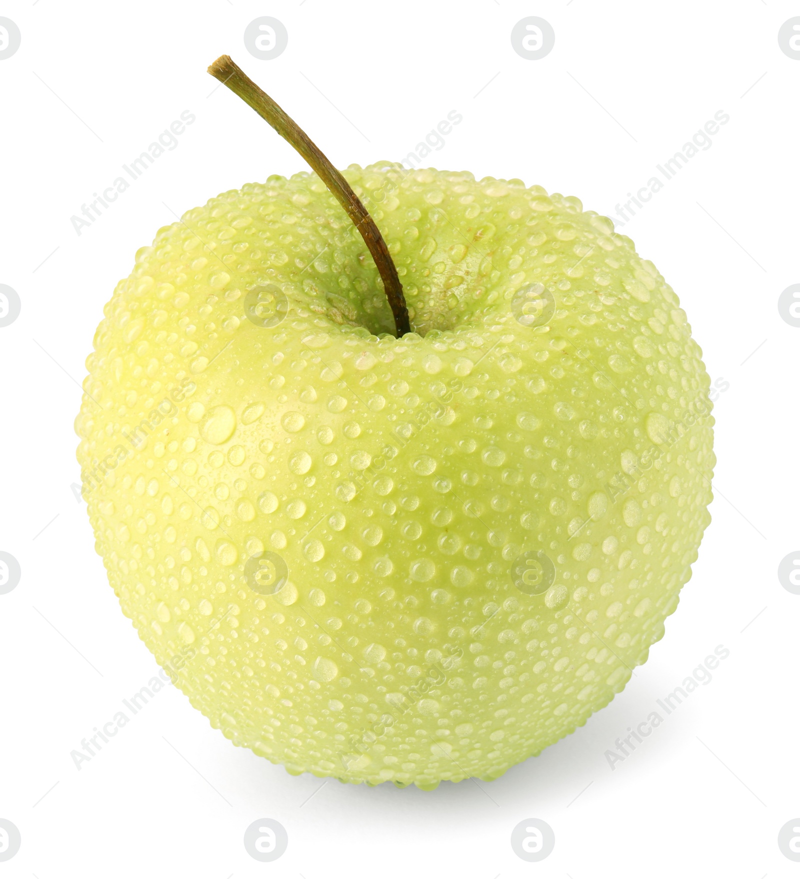 Photo of One ripe green apple with water drops isolated on white