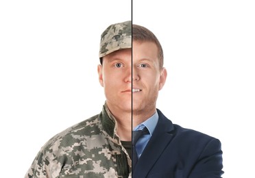 Image of Man as military and businessman isolated on white, collage dividing portrait