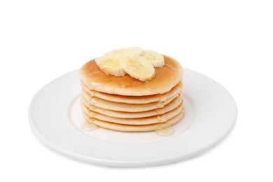 Photo of Delicious pancakes with banana slices and honey isolated on white