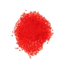 Photo of Pile of red beads on white background, top view