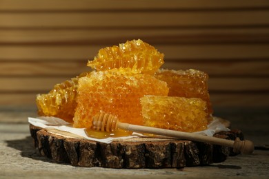 Photo of Natural honeycombs and wooden dipper on rustic table