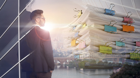 Image of Multiple exposure of businessman, documents and cityscape. Banner design