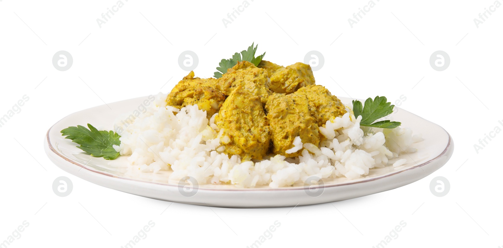 Photo of Delicious rice and chicken with curry sauce isolated on white