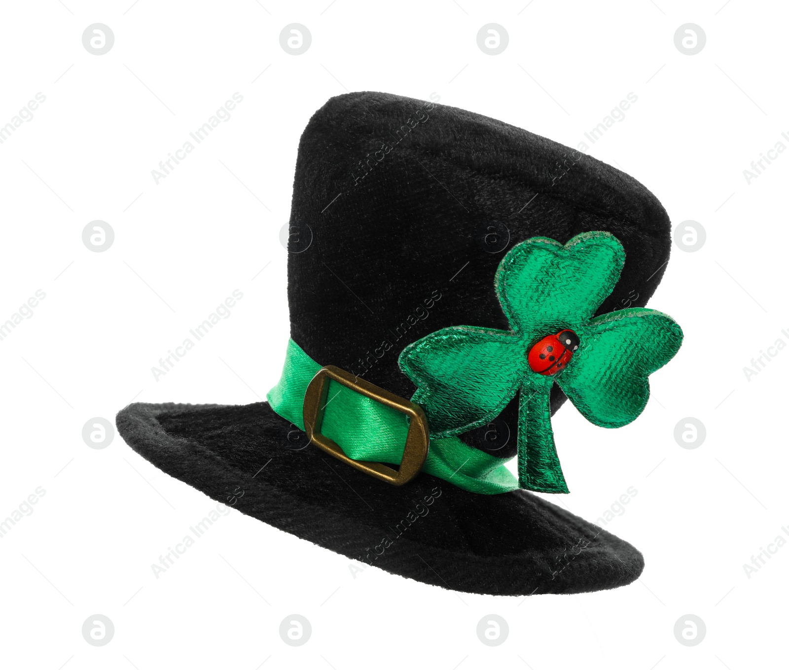 Photo of Leprechaun hat with green clover leaf and ladybug isolated on white. Saint Patrick's Day accessory