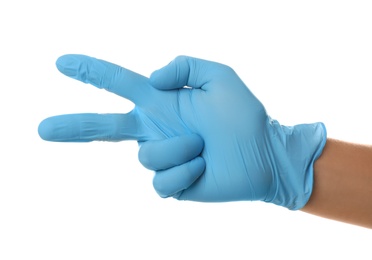 Person in blue latex gloves showing number two against white background, closeup on hand