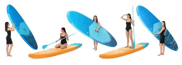 Photos of young woman with sup boards isolated on white, collage