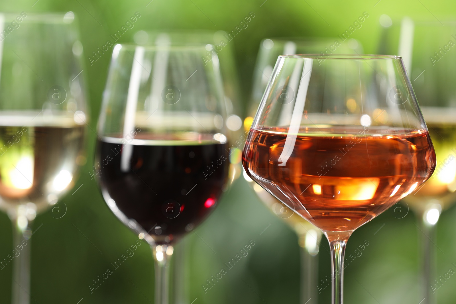 Photo of Different tasty wines in glasses against blurred background, closeup