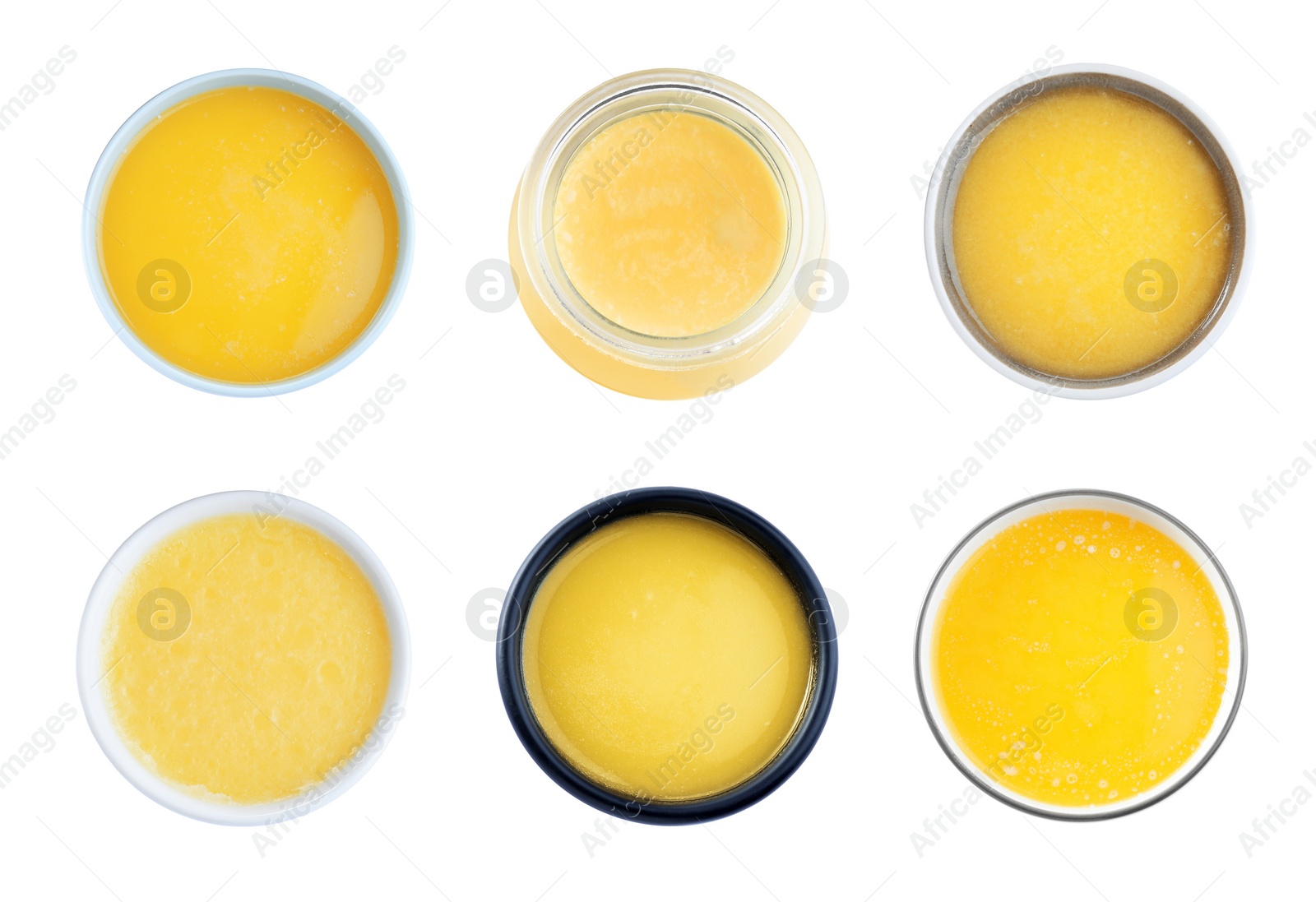 Image of Set with tasty ghee butter on white background, top view