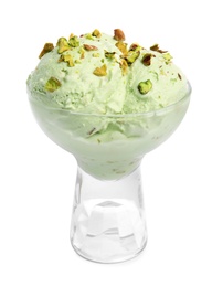 Dishware of sweet pistachio ice cream on white background