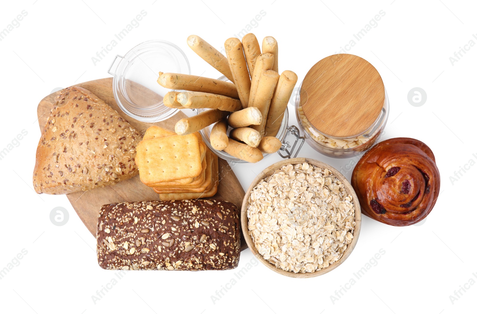 Photo of Different gluten free products on white background, top view