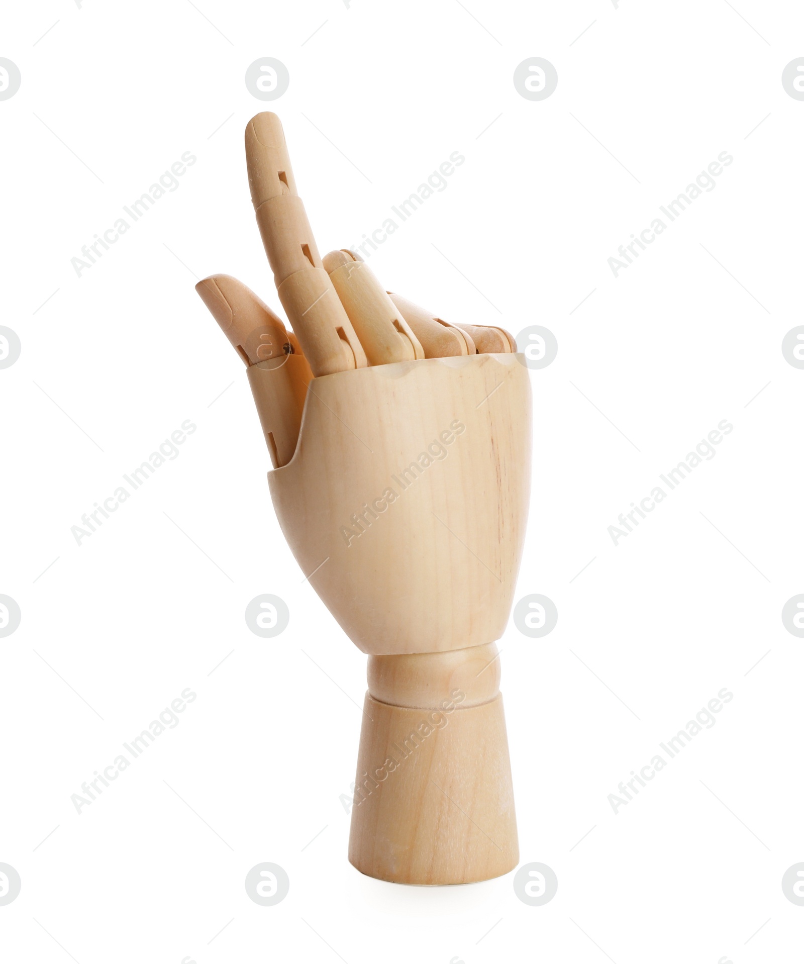 Photo of Wooden hand model on white background. Mannequin part