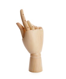 Photo of Wooden hand model on white background. Mannequin part