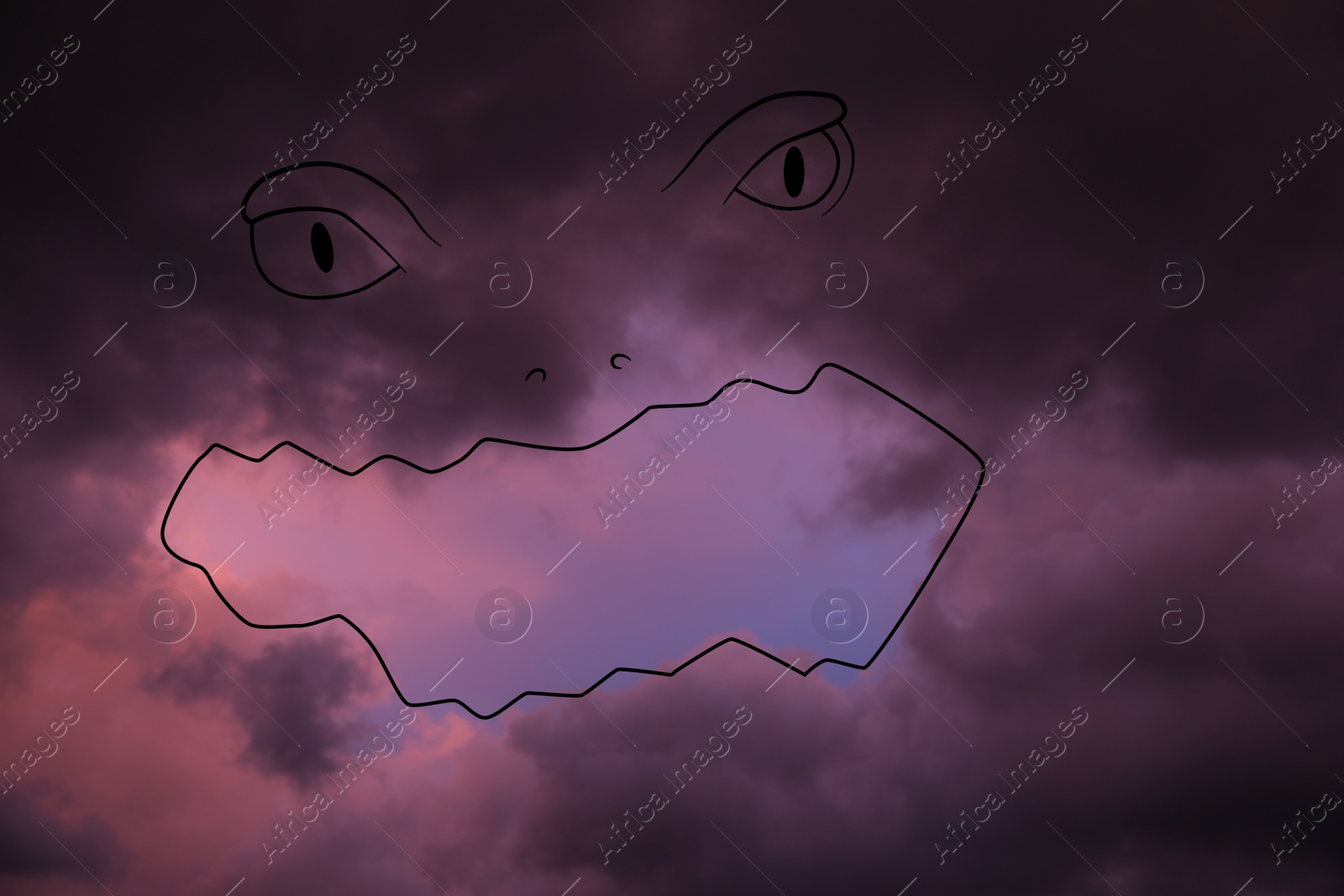 Image of Imagination and creativity. Fluffy cloud resembling scary face in sky, drawn outline