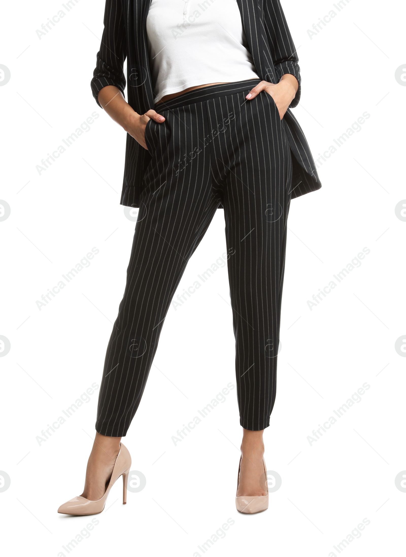 Photo of Woman in formal suit on white background, closeup. Business attire