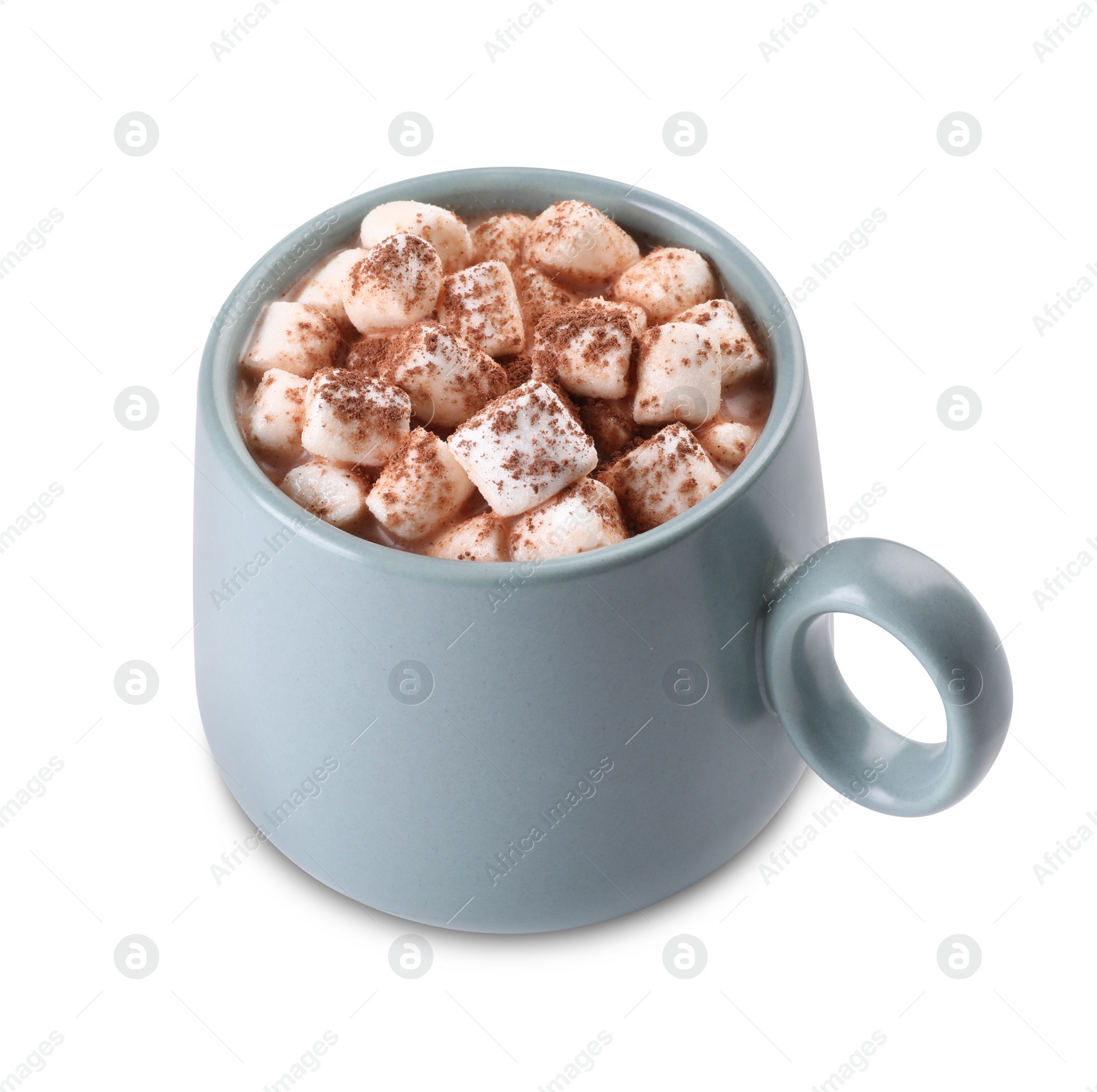 Photo of Cup of aromatic hot chocolate with marshmallows and cocoa powder isolated on white