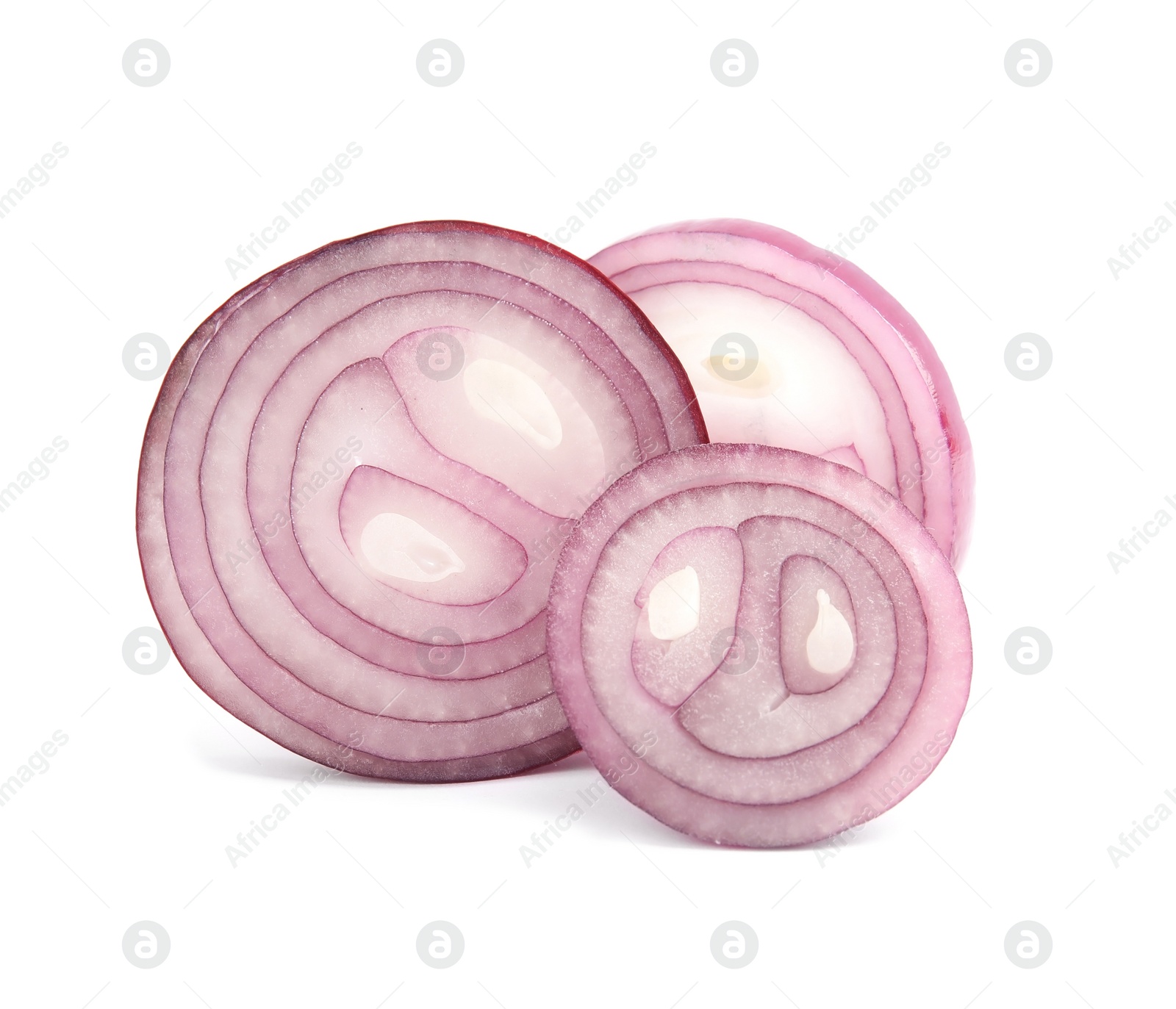 Photo of Fresh slices of red onion on white background