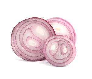 Fresh slices of red onion on white background