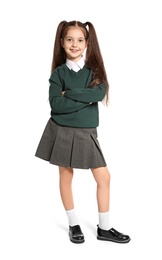 Photo of Little girl in stylish school uniform on white background