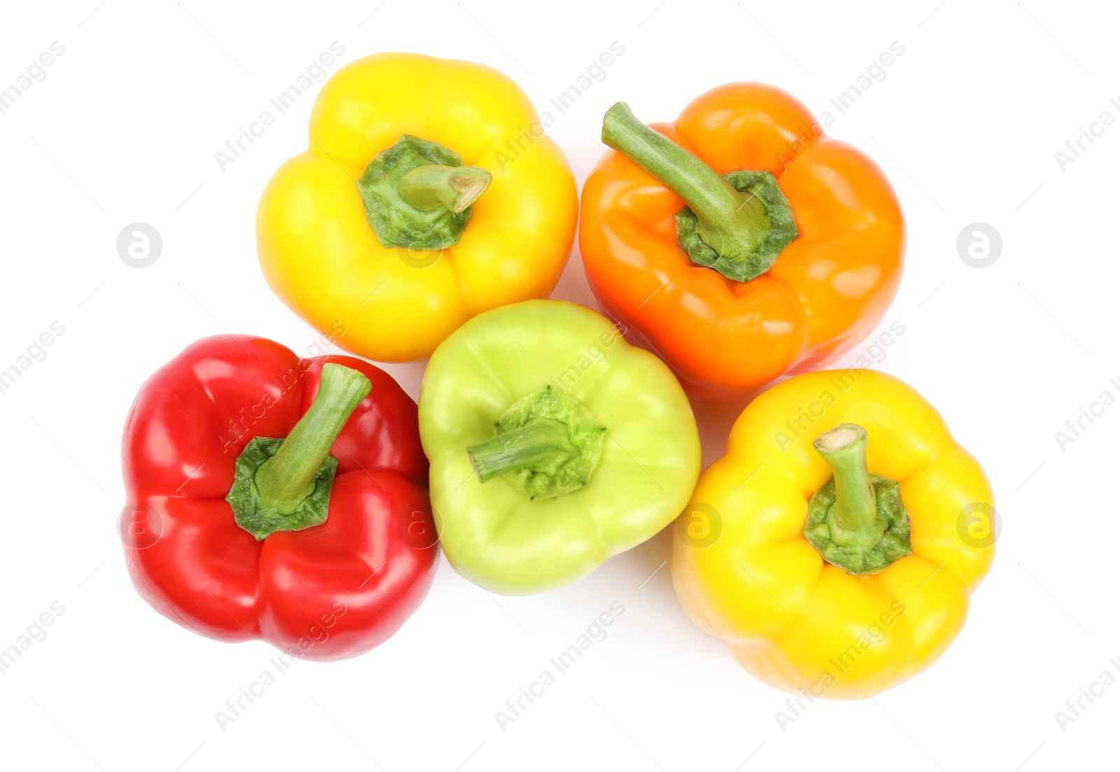 Photo of Fresh ripe bell peppers on white background, top view