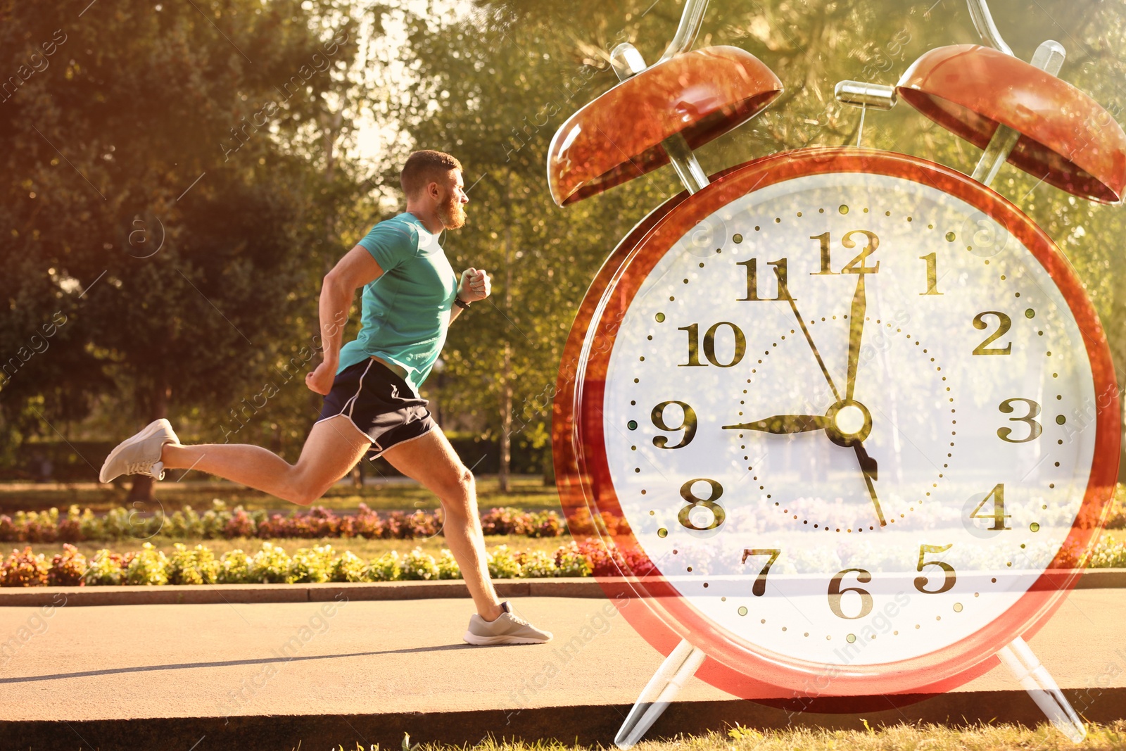 Image of Time to do morning exercises. Double exposure of man running in park and alarm clock