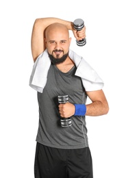Photo of Overweight man doing exercise with dumbbells on white background