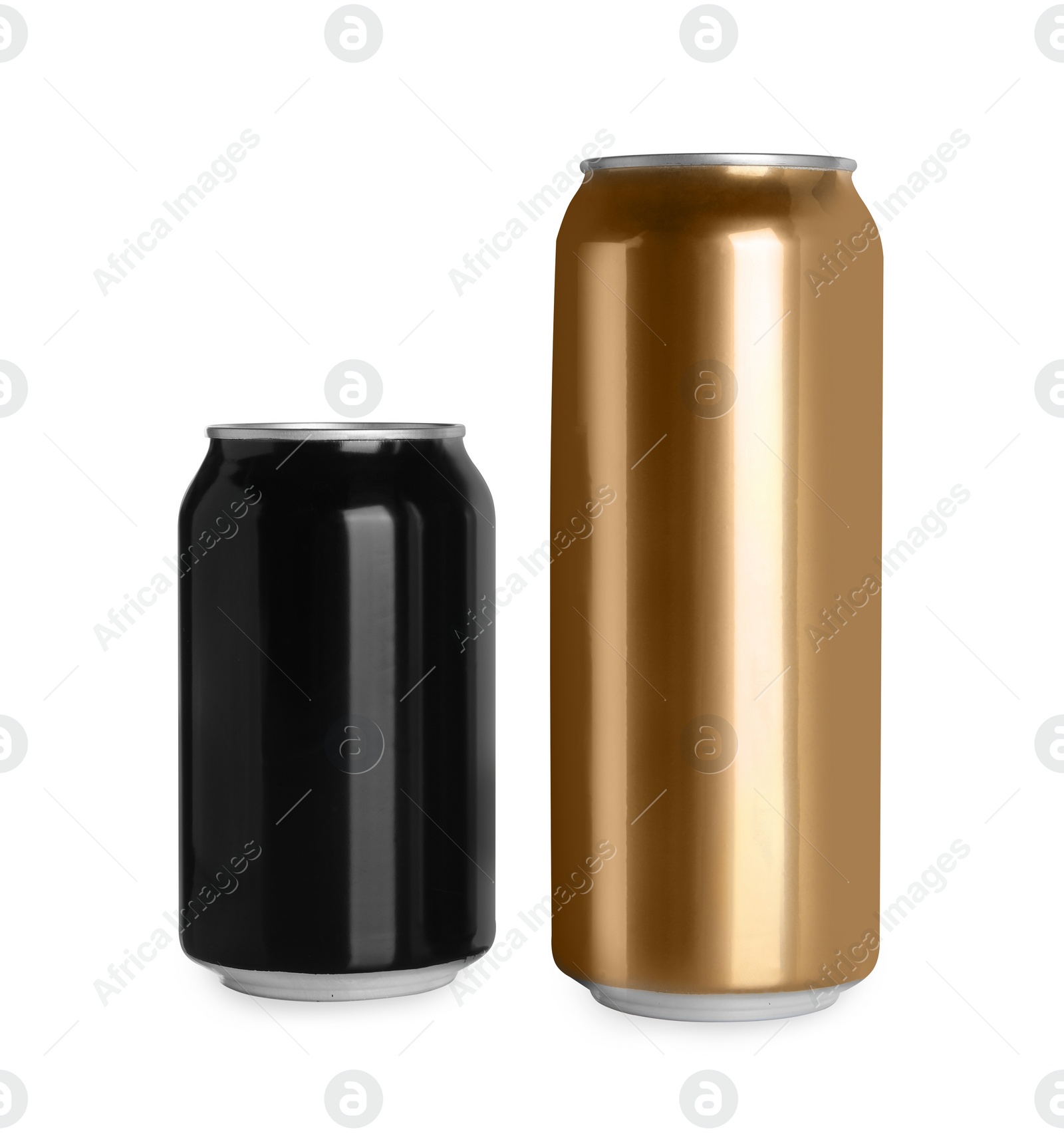 Photo of Aluminum cans with drinks on white background