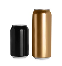 Photo of Aluminum cans with drinks on white background