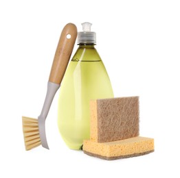 Photo of Bottle of cleaning product, brush and sponges isolated on white