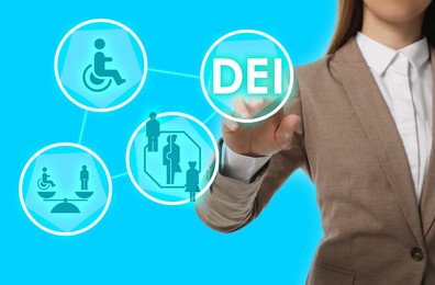 Image of Concept of DEI - Diversity, Equality, Inclusion. Virtual screen with different icons and businesswoman on turquoise background, closeup