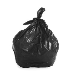 Black trash bag full of garbage isolated on white